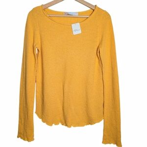 NWT Free People Beach Cabo Sweater Knit Top S Yellow Gold Lettuce Hem Versatile